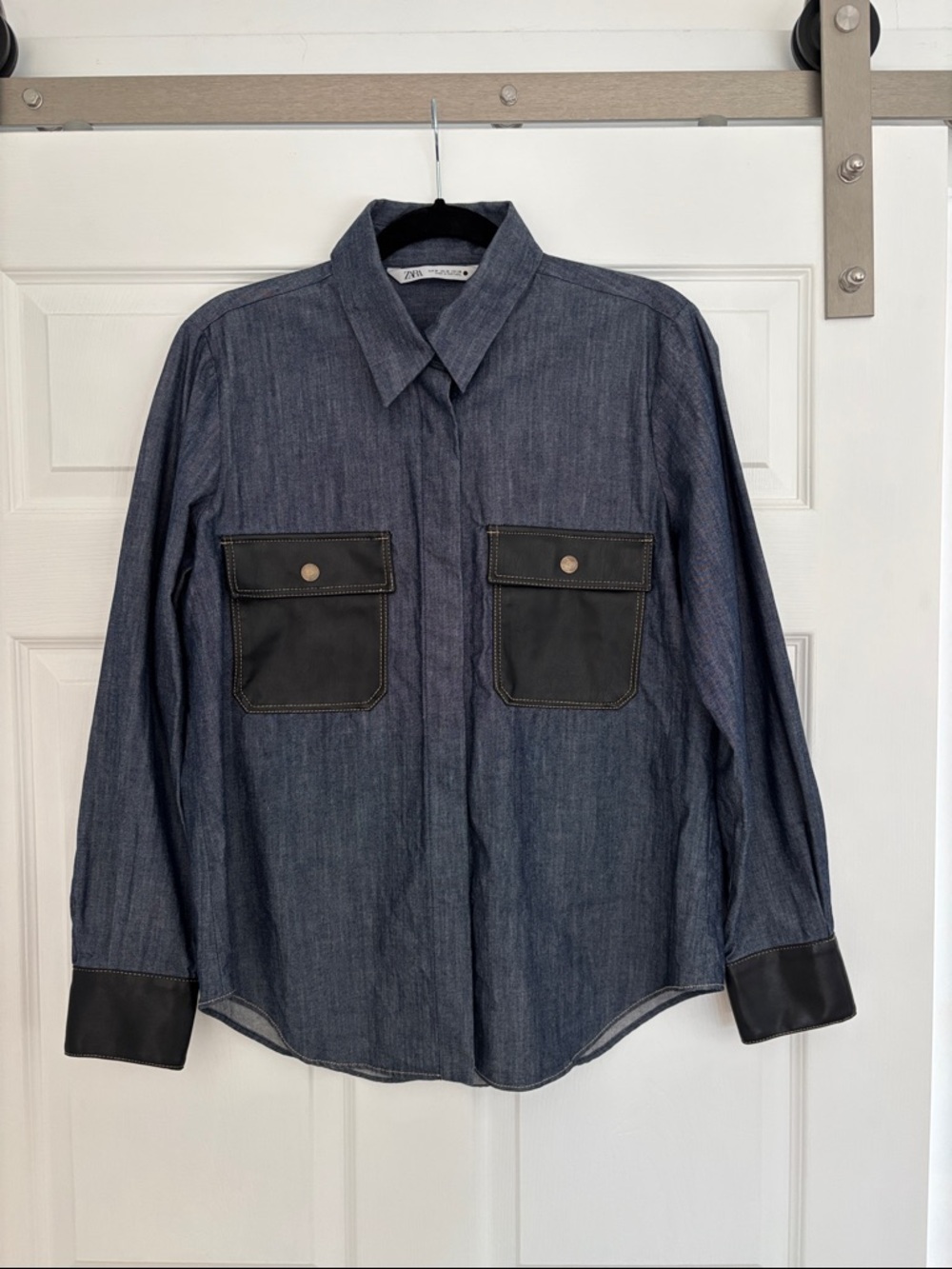 Zara Dark Blue Denim Button-Down Shirt with Black Pocket & Cuff Trim
